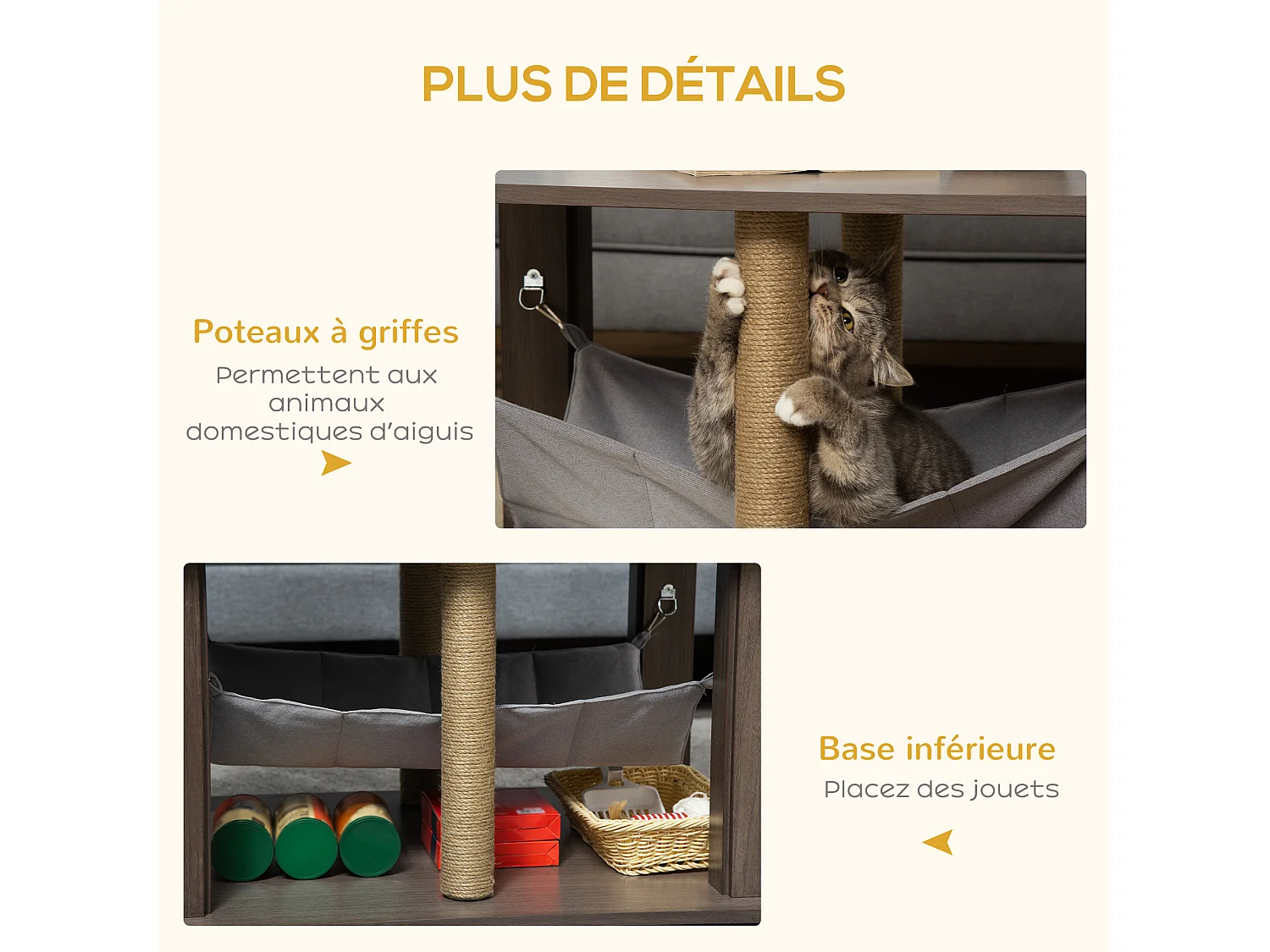 Table basse arbre à chat 2 en 1 - centre d'activités avec hamac, griffoirs - dim. 79L x 59l x 45,5H cm - polyester aspect bois gris