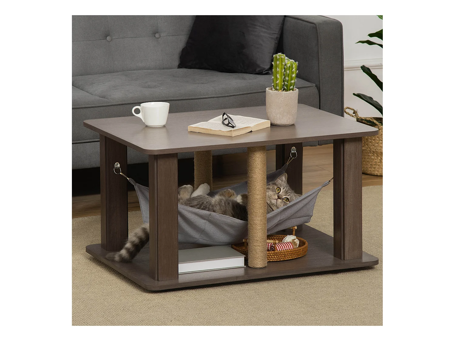 Table basse arbre à chat 2 en 1 - centre d'activités avec hamac, griffoirs - dim. 79L x 59l x 45,5H cm - polyester aspect bois gris