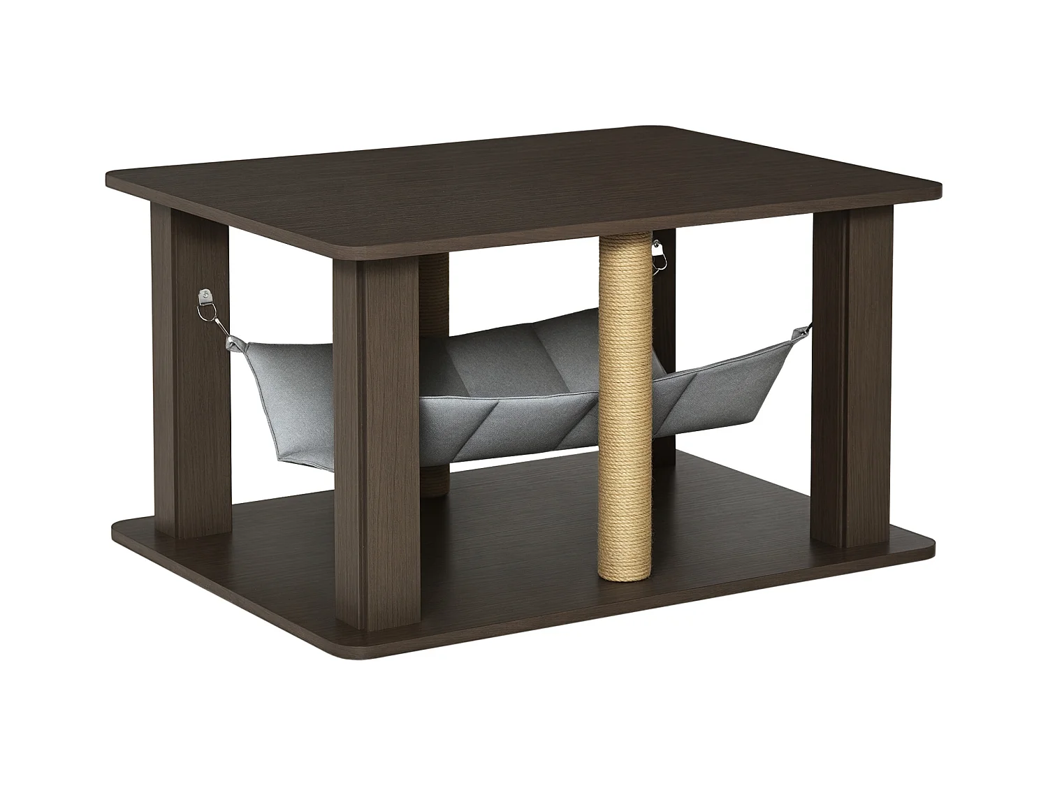 Table basse arbre à chat 2 en 1 - centre d'activités avec hamac, griffoirs - dim. 79L x 59l x 45,5H cm - polyester aspect bois gris