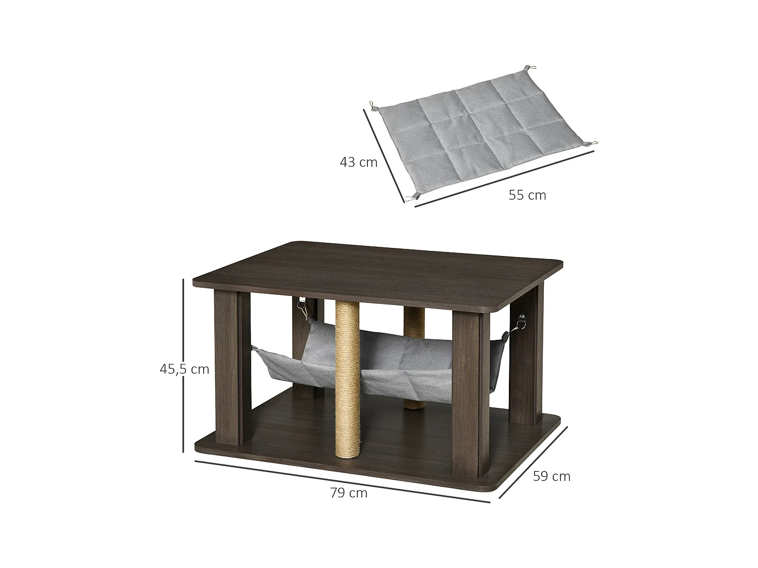 Table basse arbre à chat 2 en 1 - centre d'activités avec hamac, griffoirs - dim. 79L x 59l x 45,5H cm - polyester aspect bois gris