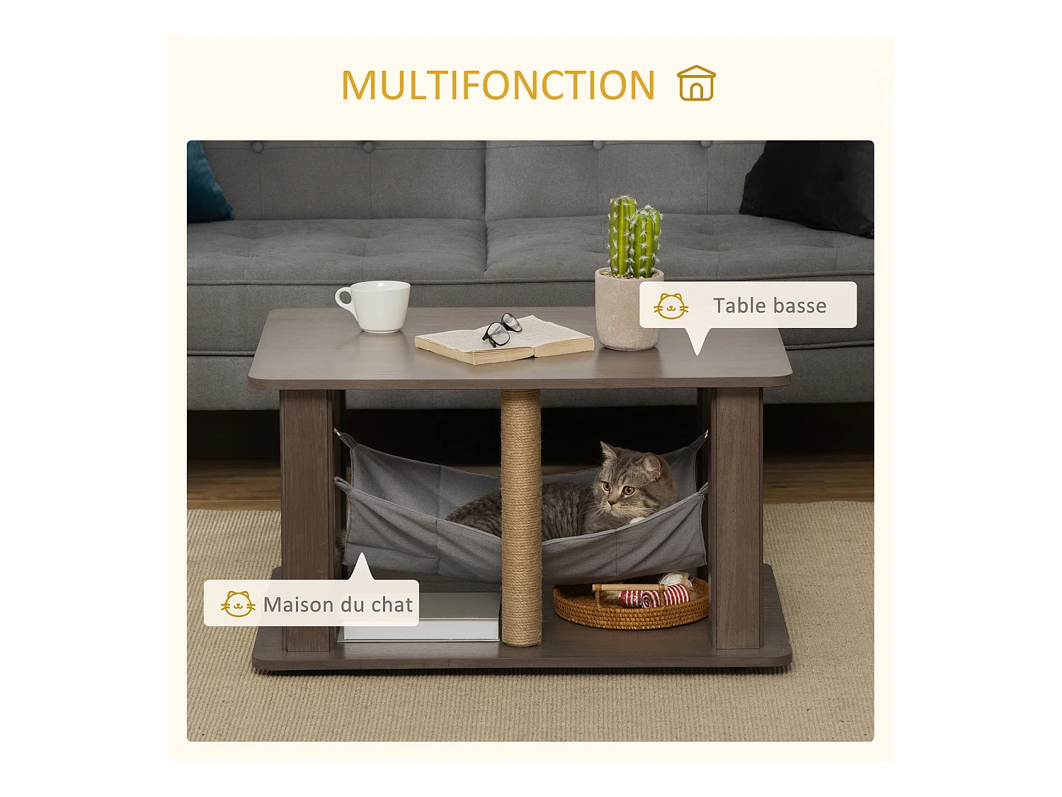 Table basse arbre à chat 2 en 1 - centre d'activités avec hamac, griffoirs - dim. 79L x 59l x 45,5H cm - polyester aspect bois gris