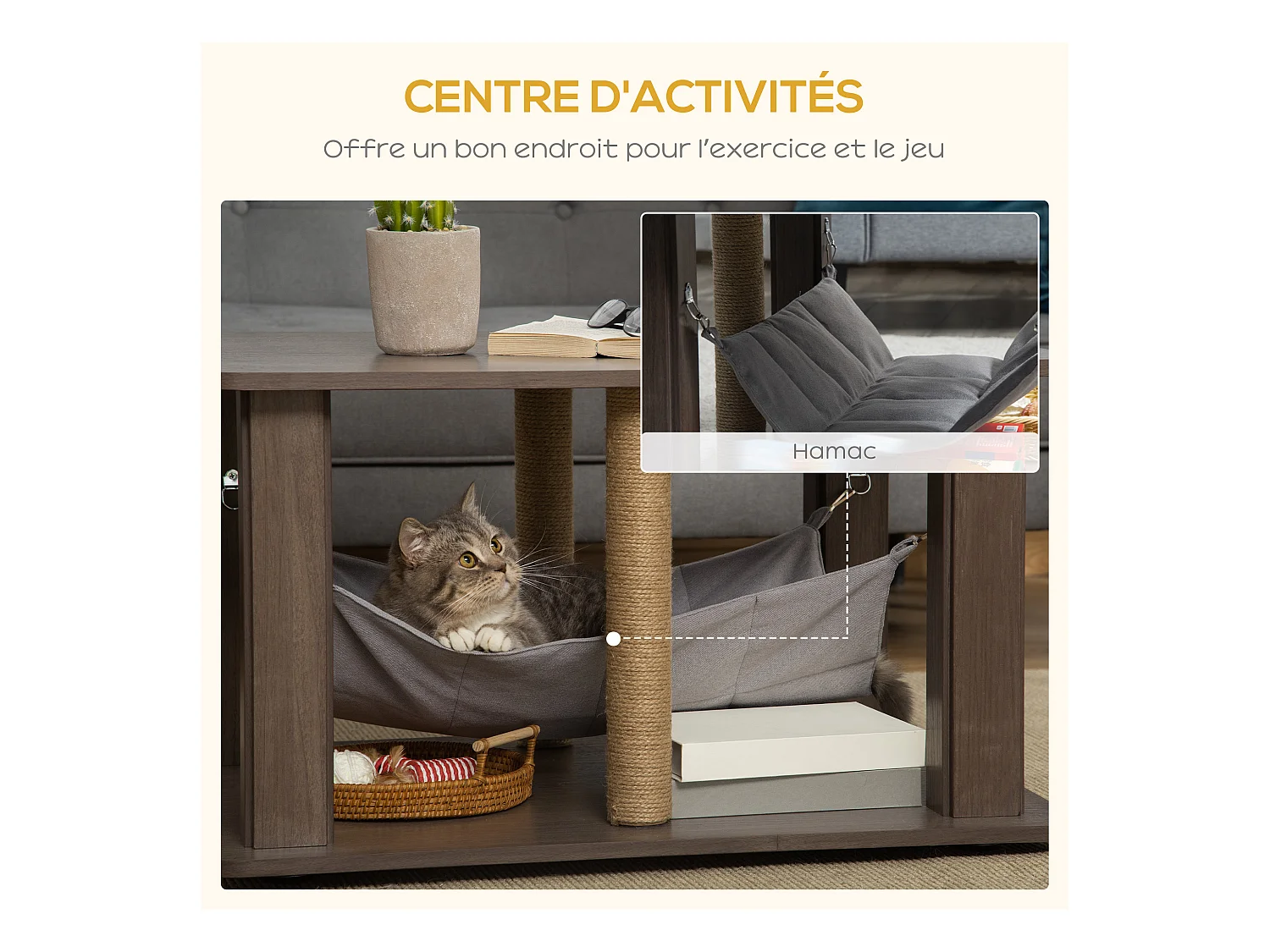 Table basse arbre à chat 2 en 1 - centre d'activités avec hamac, griffoirs - dim. 79L x 59l x 45,5H cm - polyester aspect bois gris