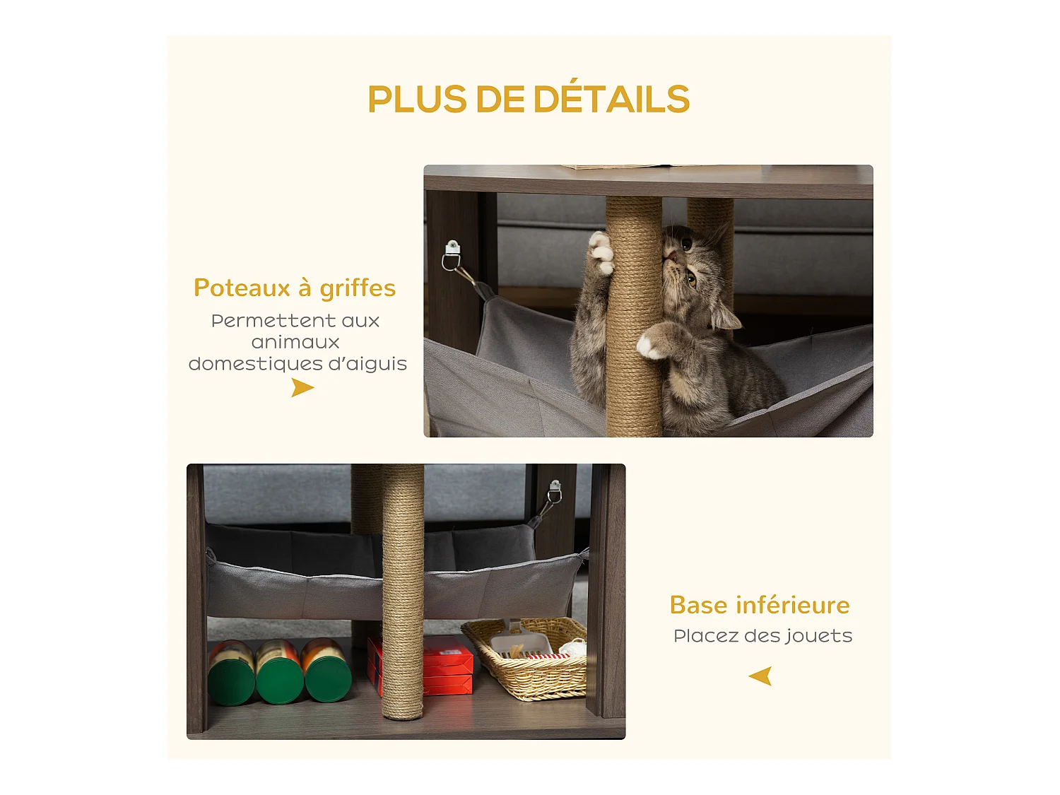 Table basse arbre à chat 2 en 1 - centre d'activités avec hamac, griffoirs - dim. 79L x 59l x 45,5H cm - polyester aspect bois gris