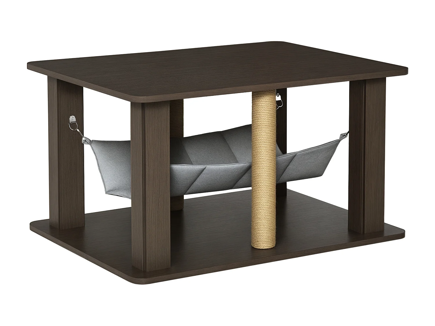 Table basse arbre à chat 2 en 1 - centre d'activités avec hamac, griffoirs - dim. 79L x 59l x 45,5H cm - polyester aspect bois gris