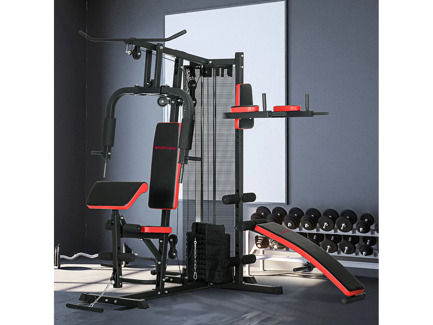 Station de musculation - banc, développé couché, butterfly, barre latissimus et traction, curler, bande résistance, 10 contrepoids - acier noir rouge