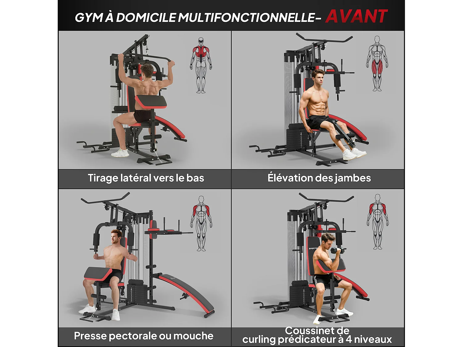 Station de musculation - banc, développé couché, butterfly, barre latissimus et traction, curler, bande résistance, 10 contrepoids - acier noir rouge