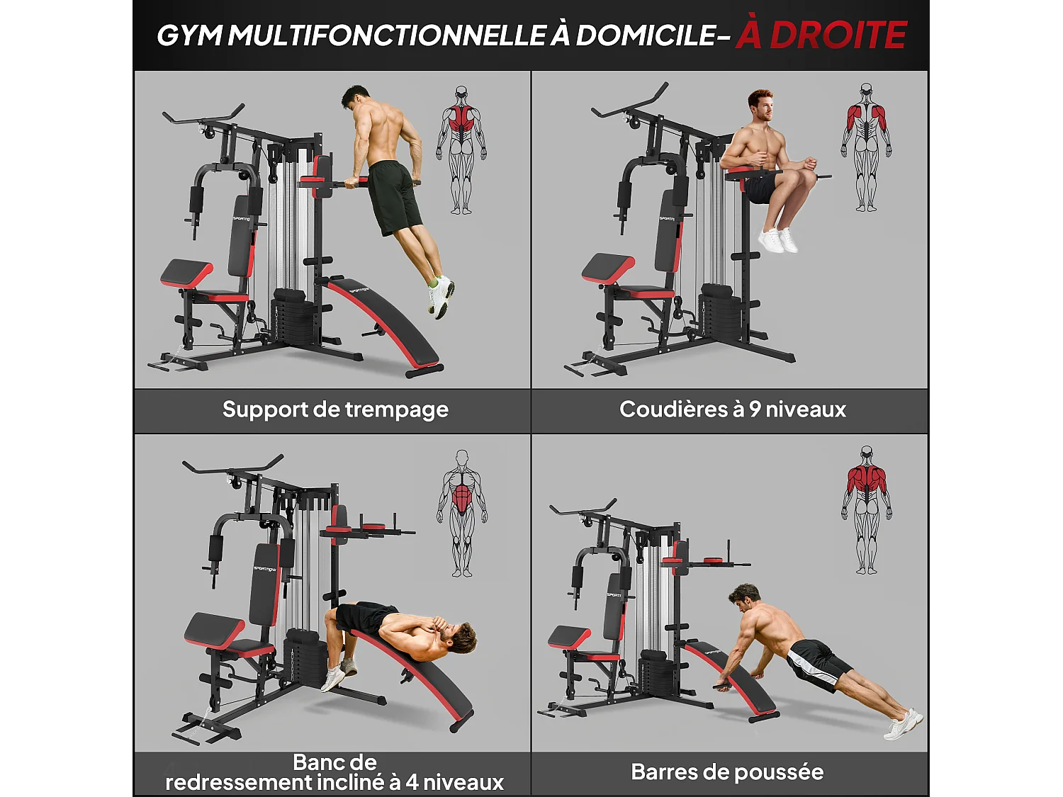 Station de musculation - banc, développé couché, butterfly, barre latissimus et traction, curler, bande résistance, 10 contrepoids - acier noir rouge