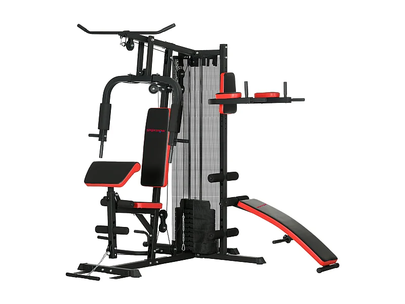 Station de musculation - banc, développé couché, butterfly, barre latissimus et traction, curler, bande résistance, 10 contrepoids - acier noir rouge