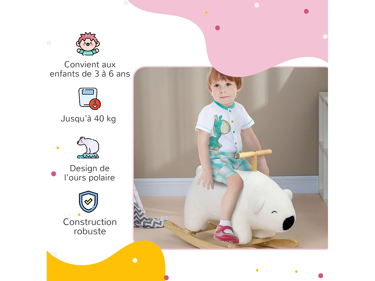 Cheval à bascule jouet à bascule modèle ours polaire fonction sonore poignée bois peuplier peluche douce blanc