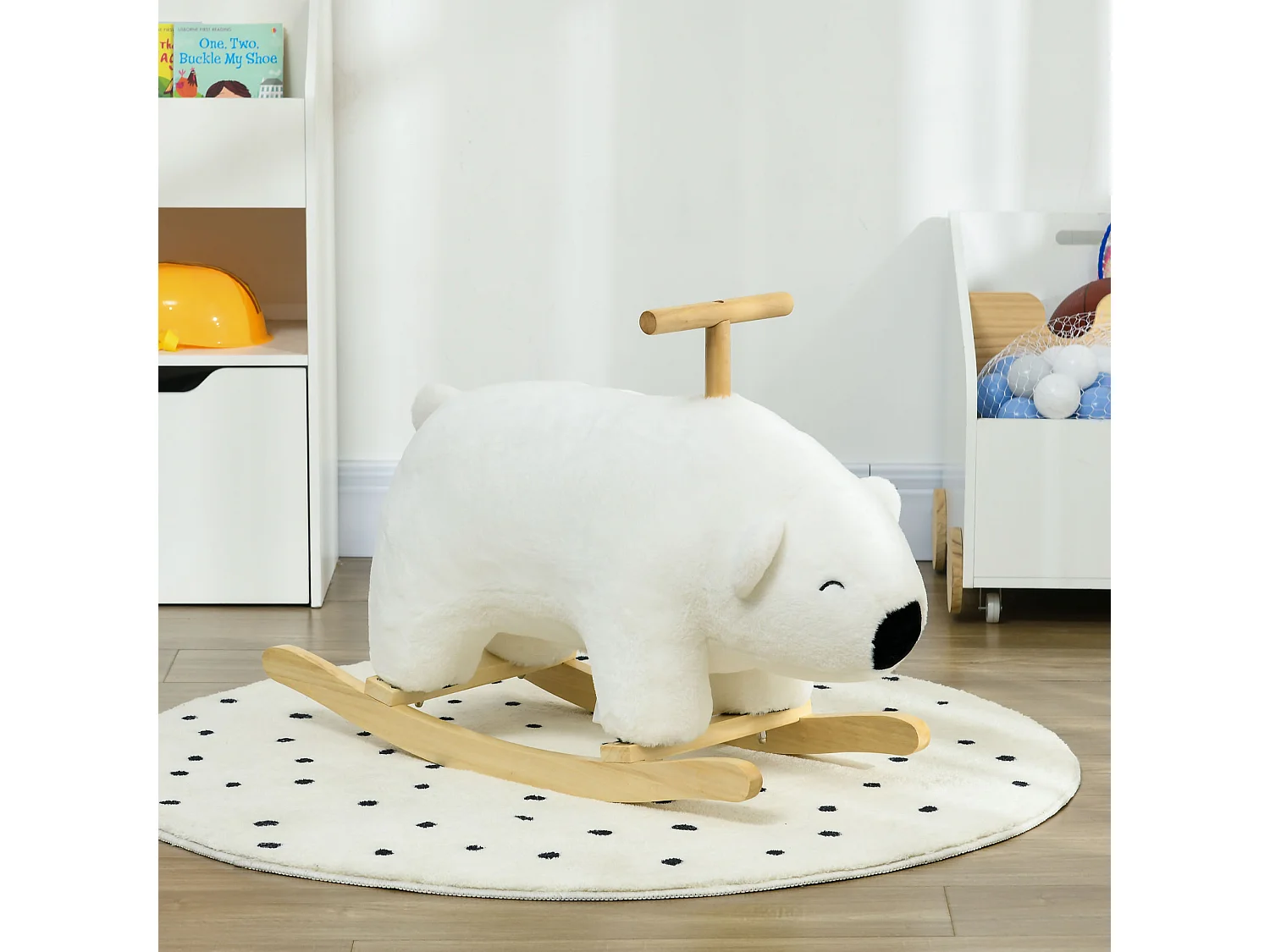 Cheval à bascule jouet à bascule modèle ours polaire fonction sonore poignée bois peuplier peluche douce blanc