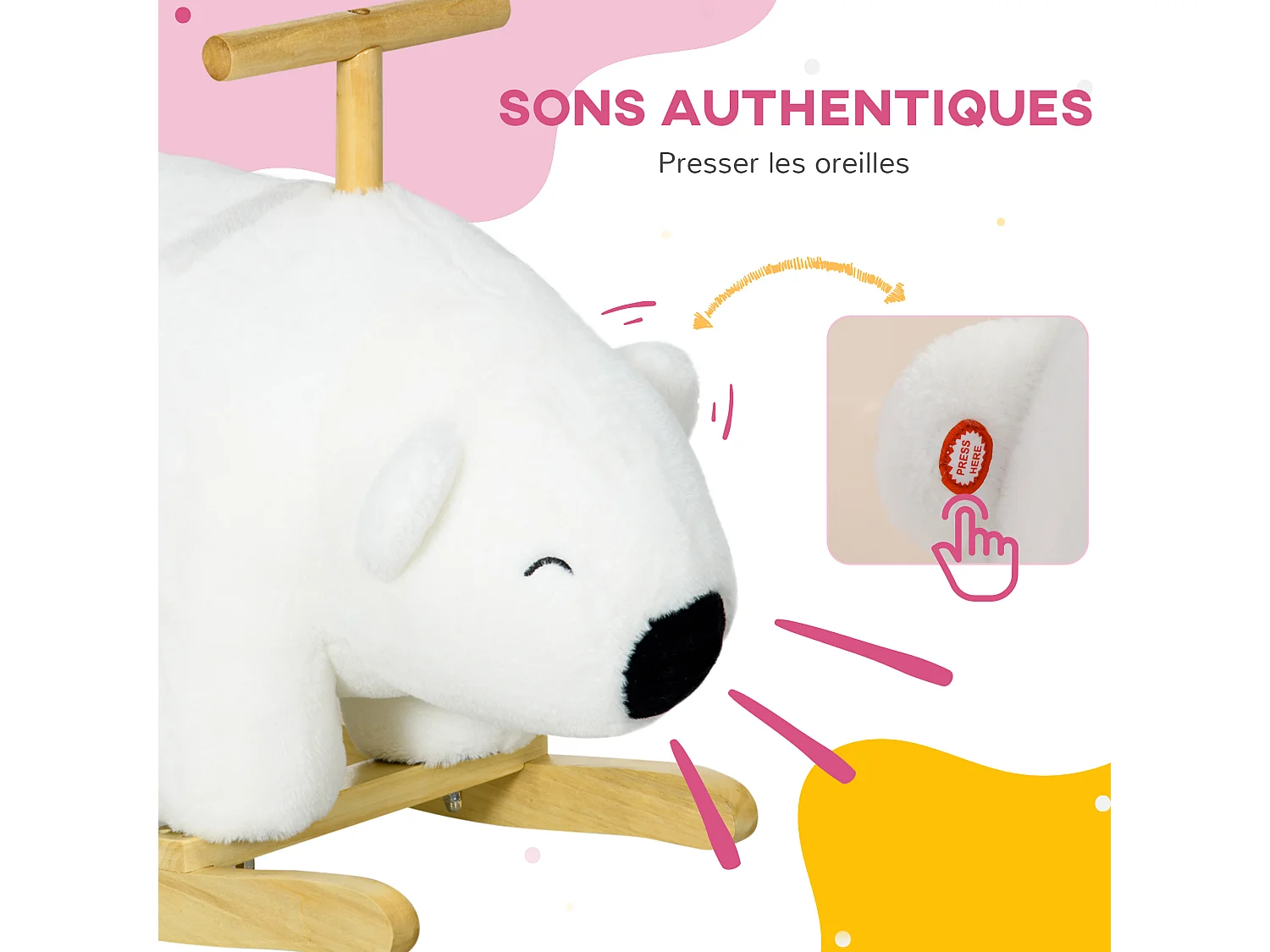 Cheval à bascule jouet à bascule modèle ours polaire fonction sonore poignée bois peuplier peluche douce blanc