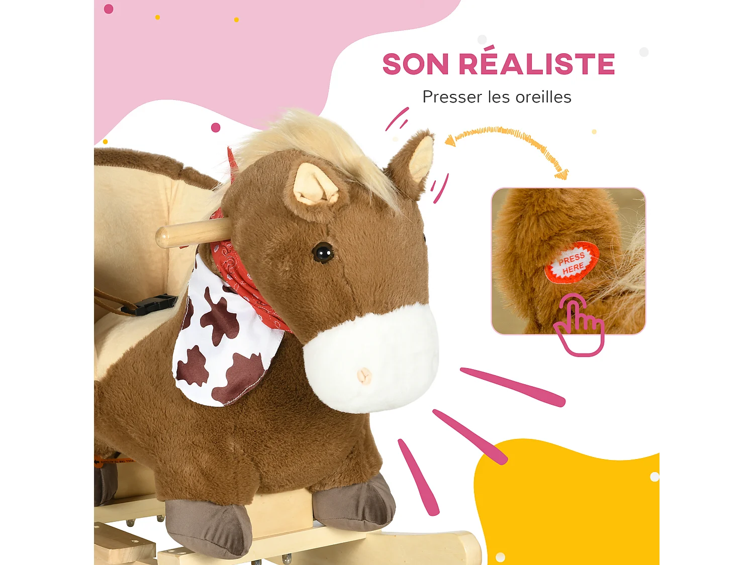 Cheval à bascule cowboy siège grand confort intégré avec ceinture bandanas effet sonore bois peluche marron