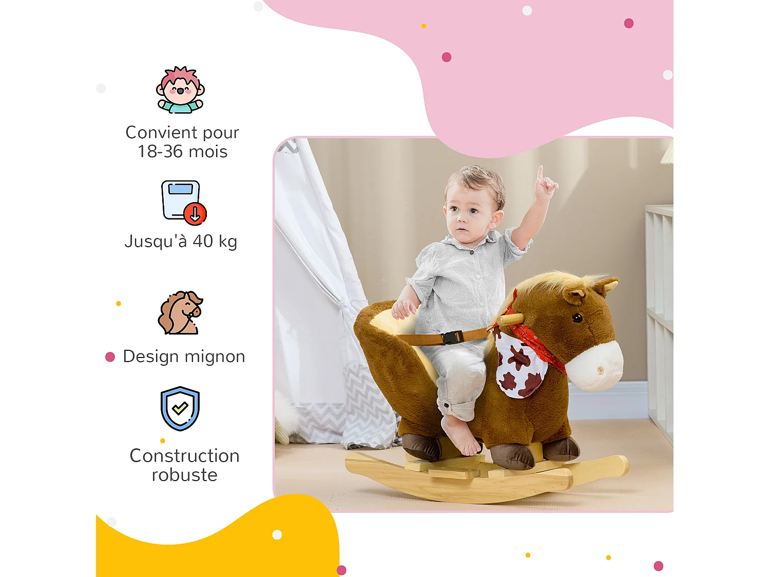 Cheval à bascule cowboy siège grand confort intégré avec ceinture bandanas effet sonore bois peluche marron