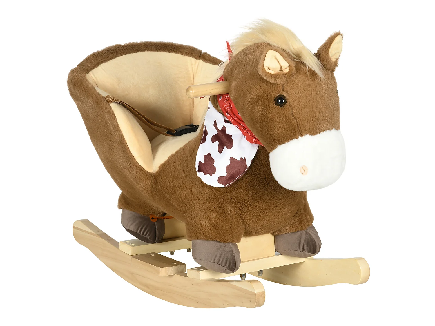 Cheval à bascule cowboy siège grand confort intégré avec ceinture bandanas effet sonore bois peluche marron