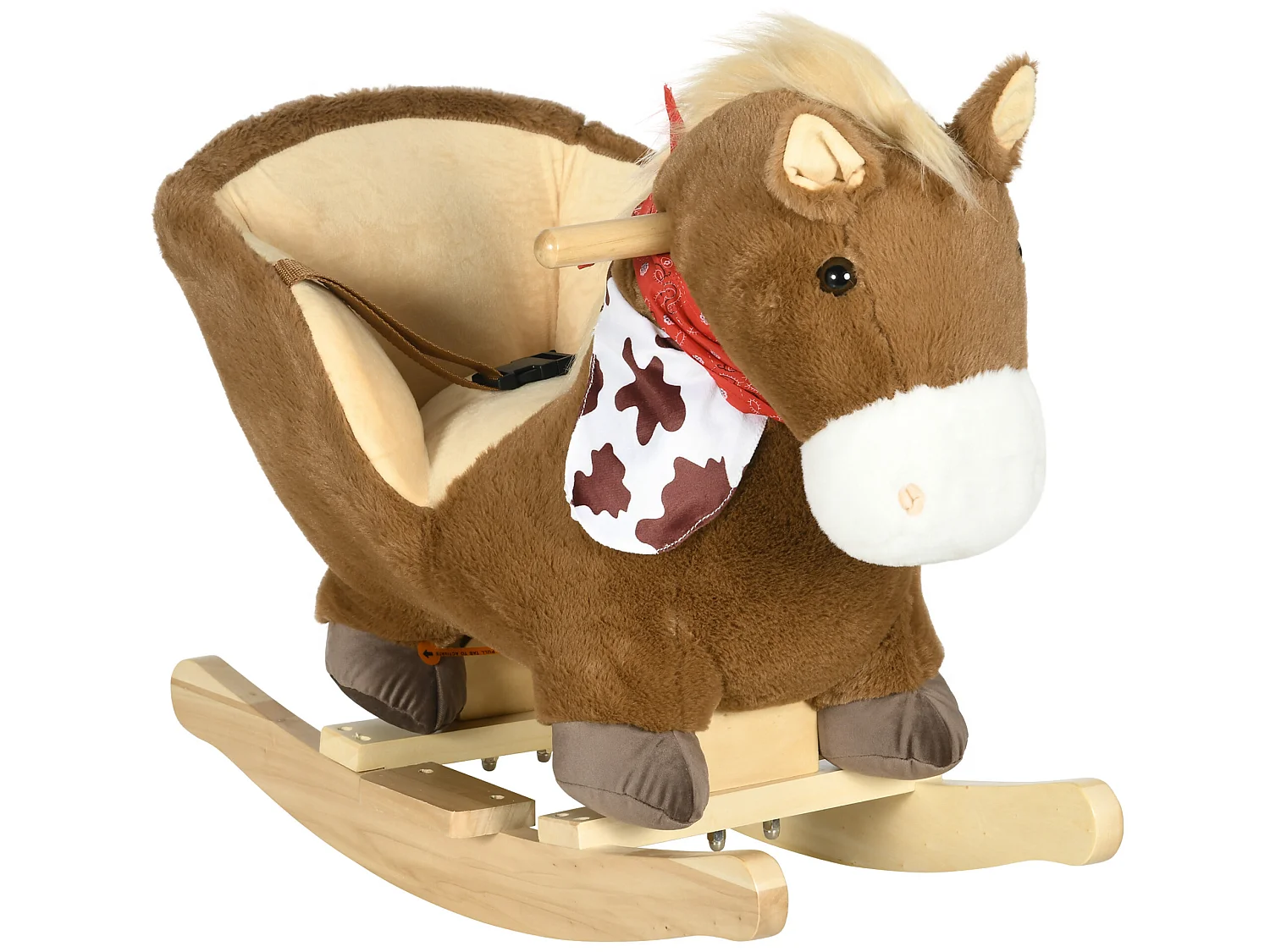 Cheval à bascule cowboy siège grand confort intégré avec ceinture bandanas effet sonore bois peluche marron