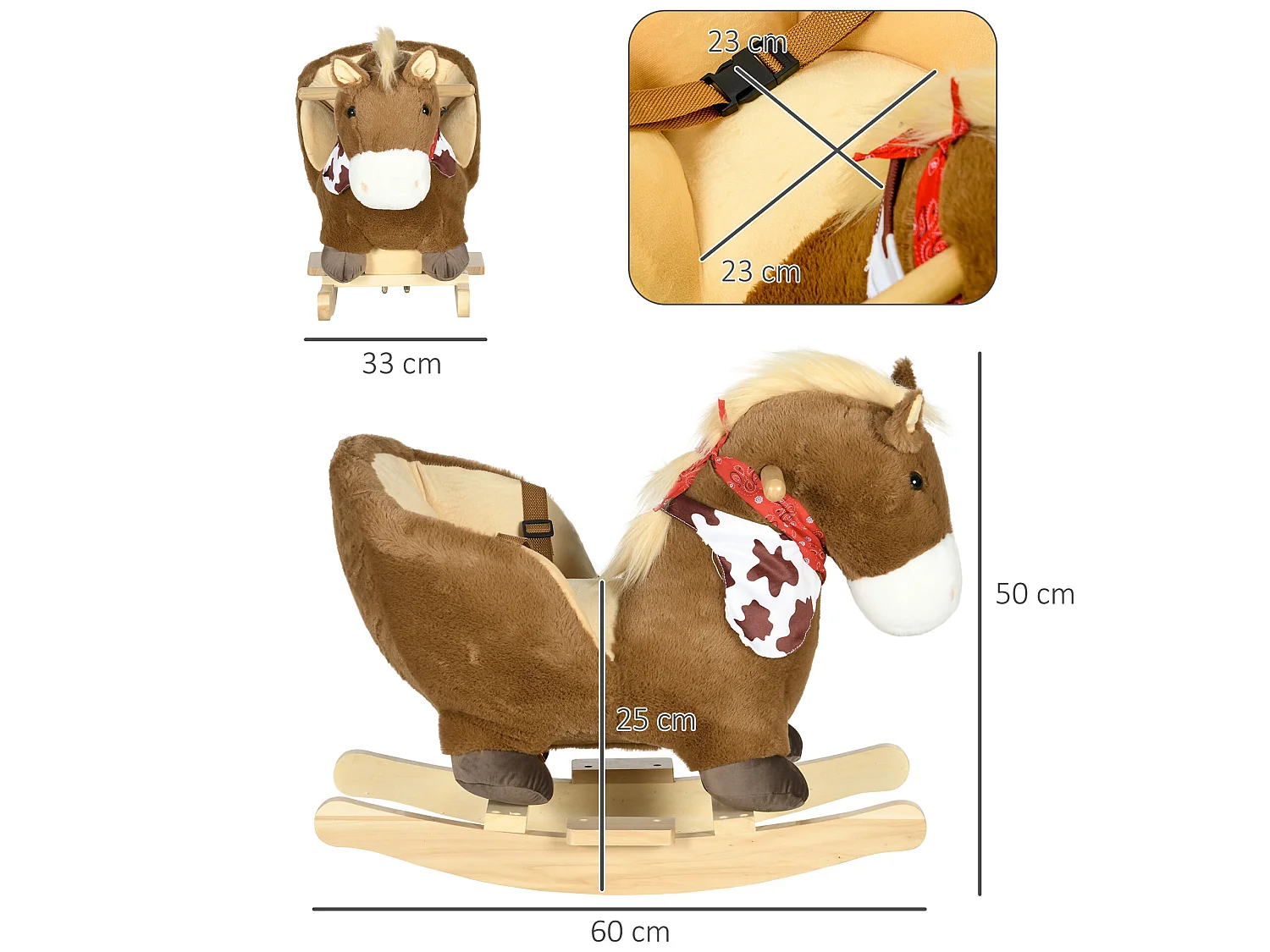 Cheval à bascule cowboy siège grand confort intégré avec ceinture bandanas effet sonore bois peluche marron