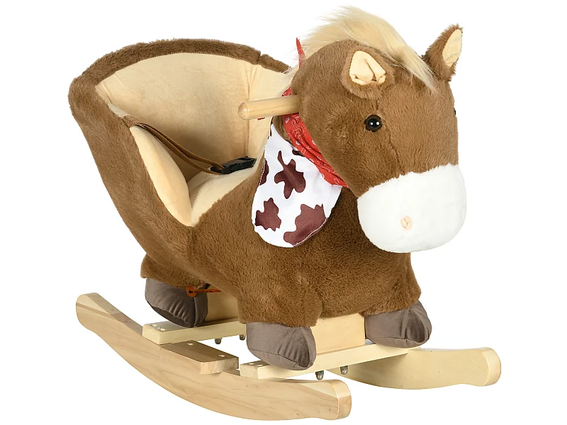 Cheval à bascule cowboy siège grand confort intégré avec ceinture bandanas effet sonore bois peluche marron