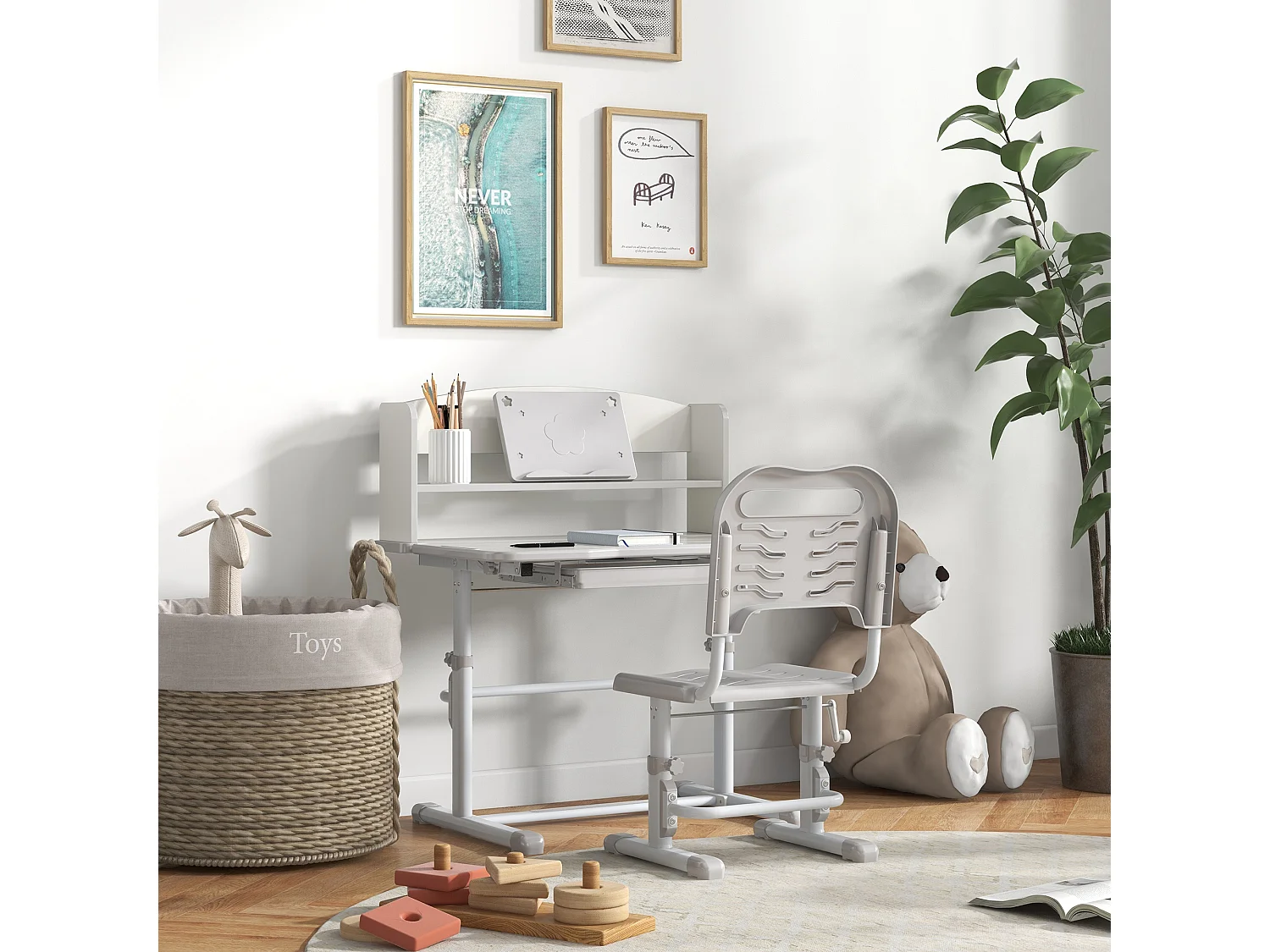 Bureau enfant avec chaise - ensemble bureau et chaise réglable - support lecture, tablette, étagère - gris blanc