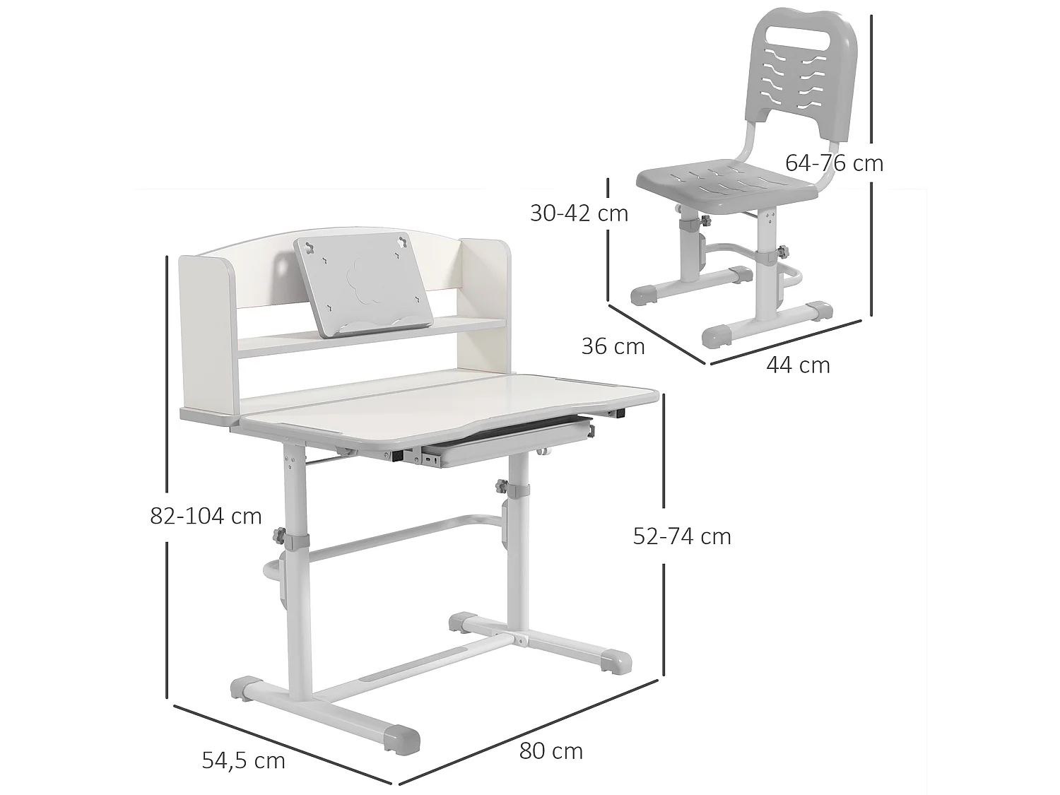 Bureau enfant avec chaise - ensemble bureau et chaise réglable - support lecture, tablette, étagère - gris blanc