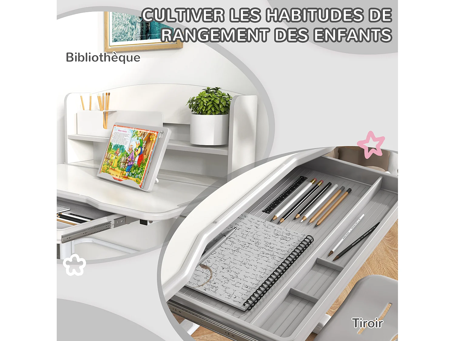 Bureau enfant avec chaise - ensemble bureau et chaise réglable - support lecture, tablette, étagère - gris blanc