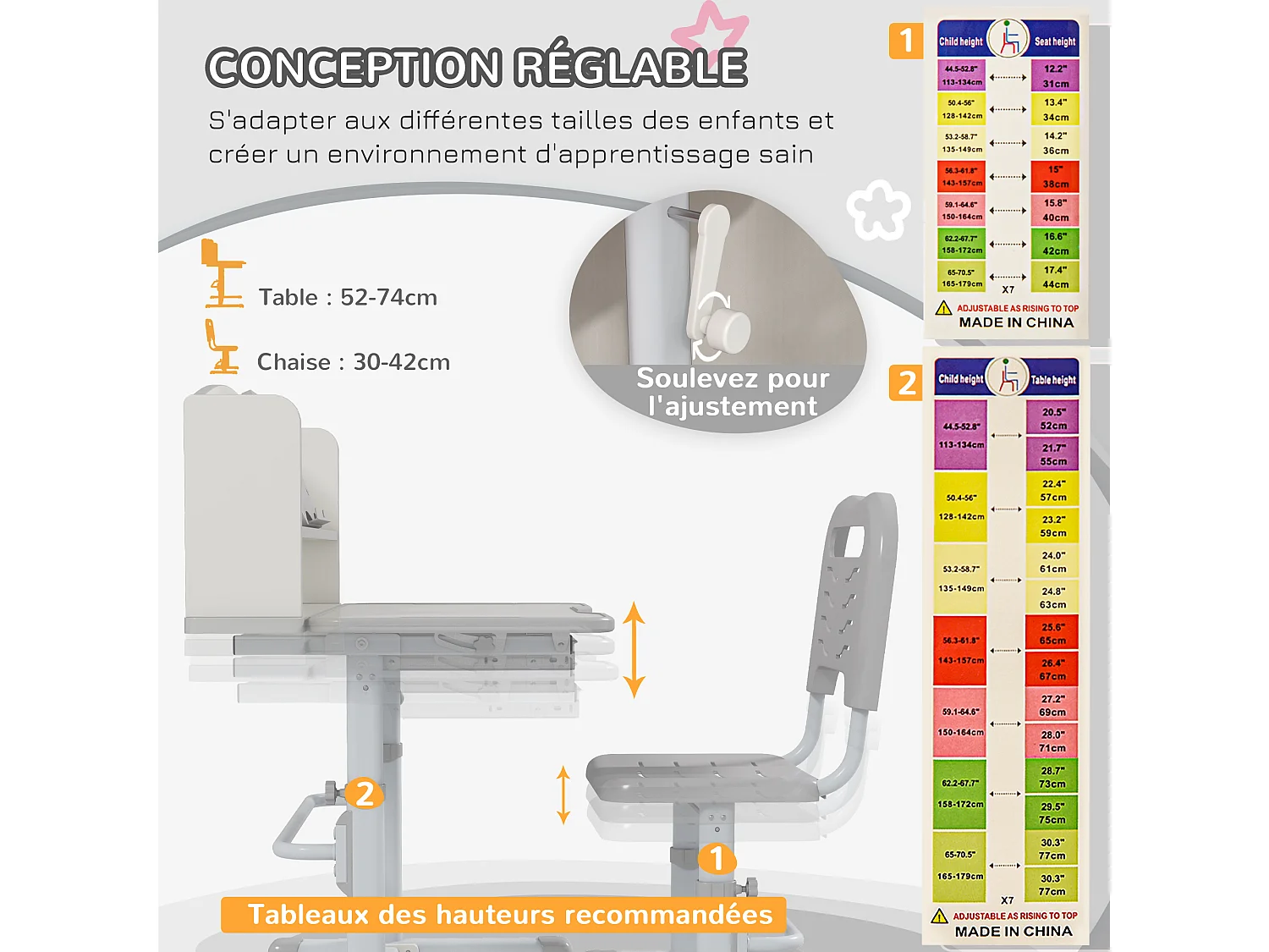 Bureau enfant avec chaise - ensemble bureau et chaise réglable - support lecture, tablette, étagère - gris blanc