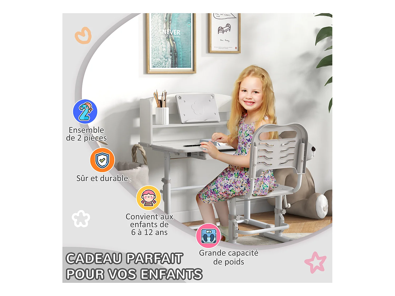 Bureau enfant avec chaise - ensemble bureau et chaise réglable - support lecture, tablette, étagère - gris blanc