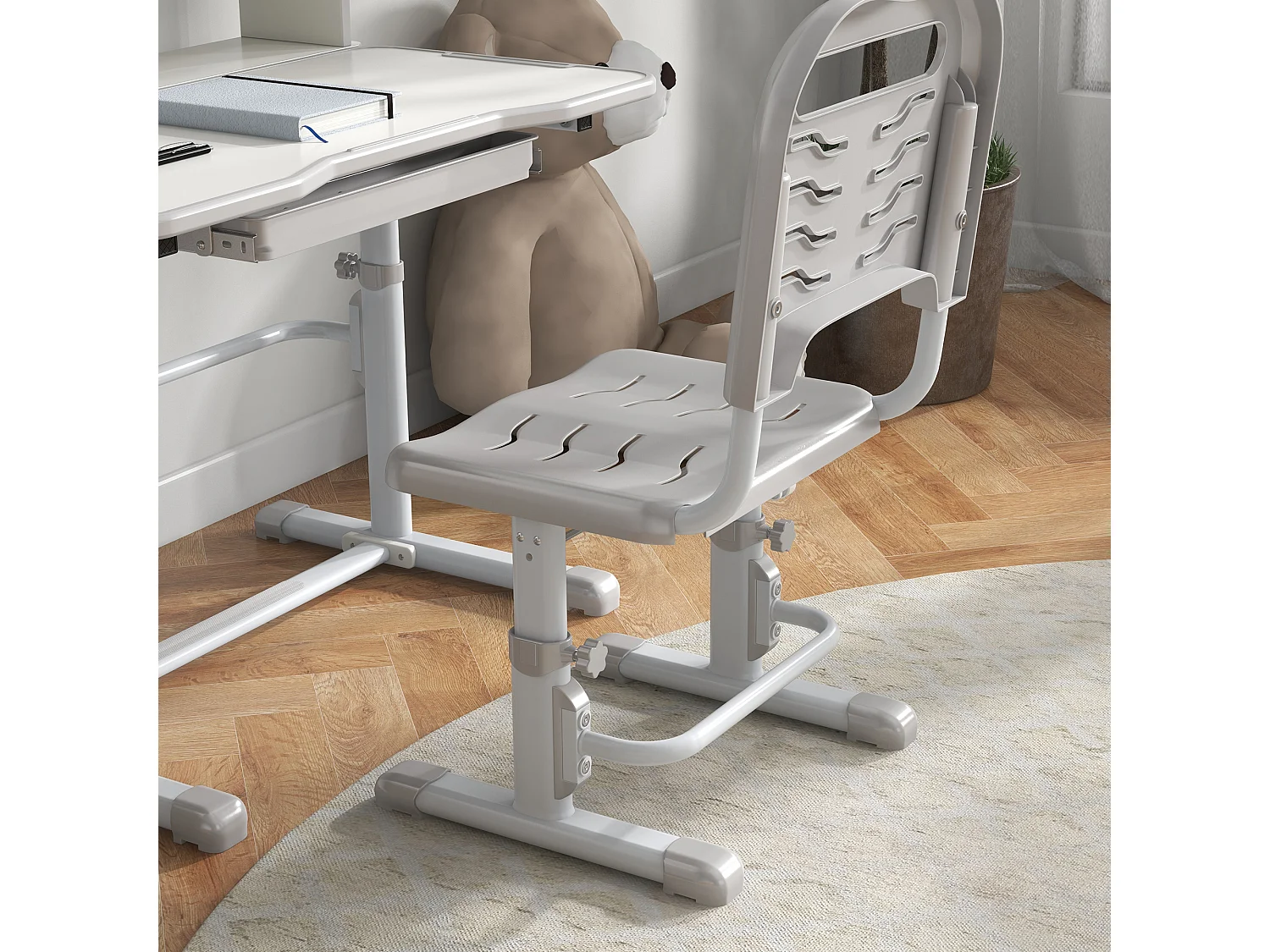 Bureau enfant avec chaise - ensemble bureau et chaise réglable - support lecture, tablette, étagère - gris blanc