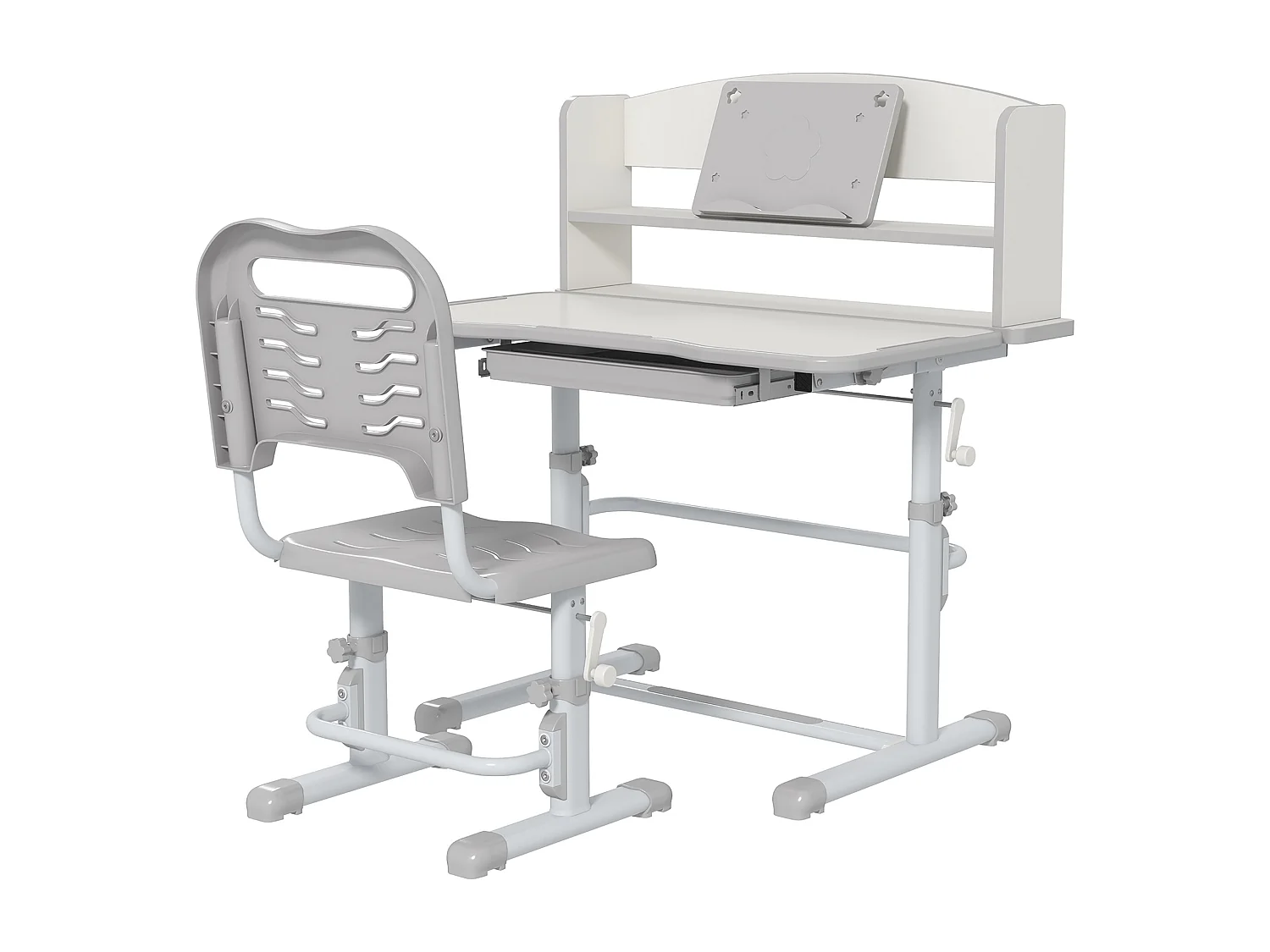 Bureau enfant avec chaise - ensemble bureau et chaise réglable - support lecture, tablette, étagère - gris blanc