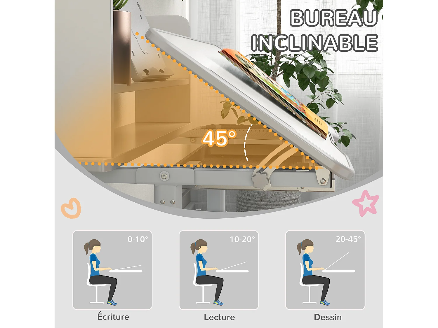 Bureau enfant avec chaise - ensemble bureau et chaise réglable - support lecture, tablette, étagère - gris blanc