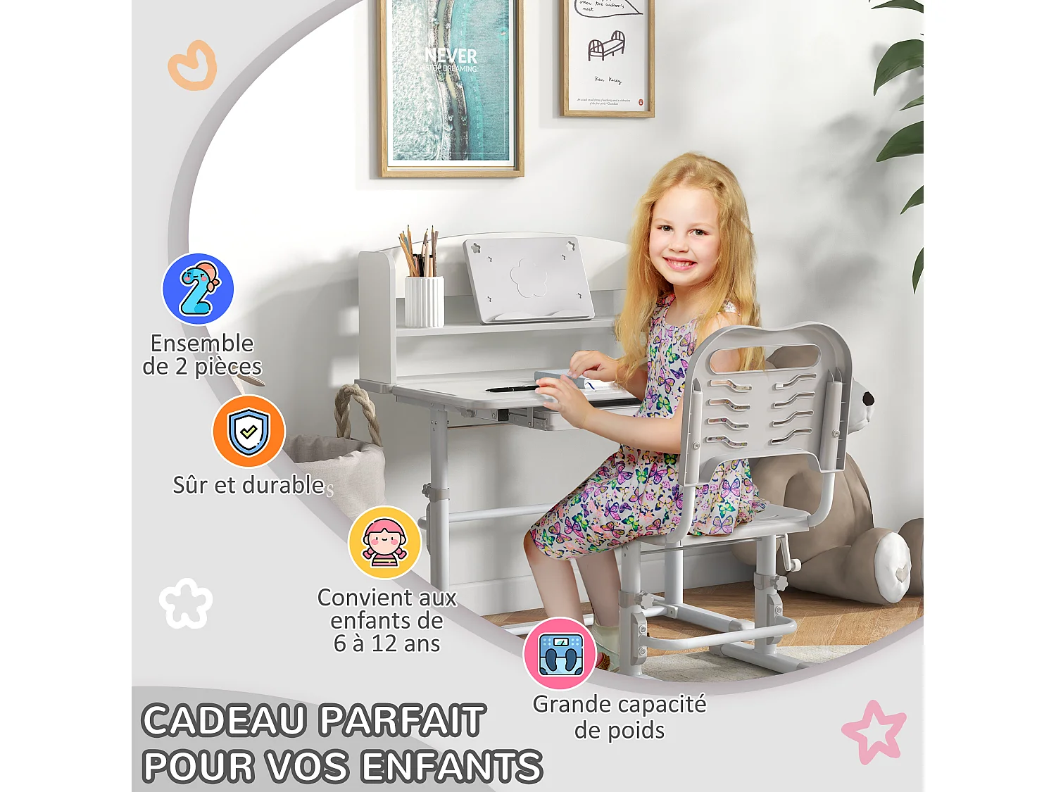 Bureau enfant avec chaise - ensemble bureau et chaise réglable - support lecture, tablette, étagère - gris blanc