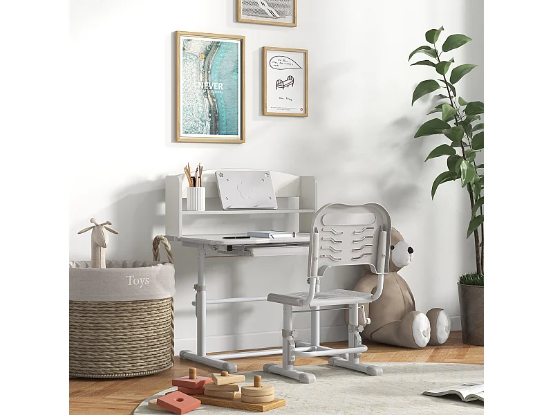 Bureau enfant avec chaise - ensemble bureau et chaise réglable - support lecture, tablette, étagère - gris blanc