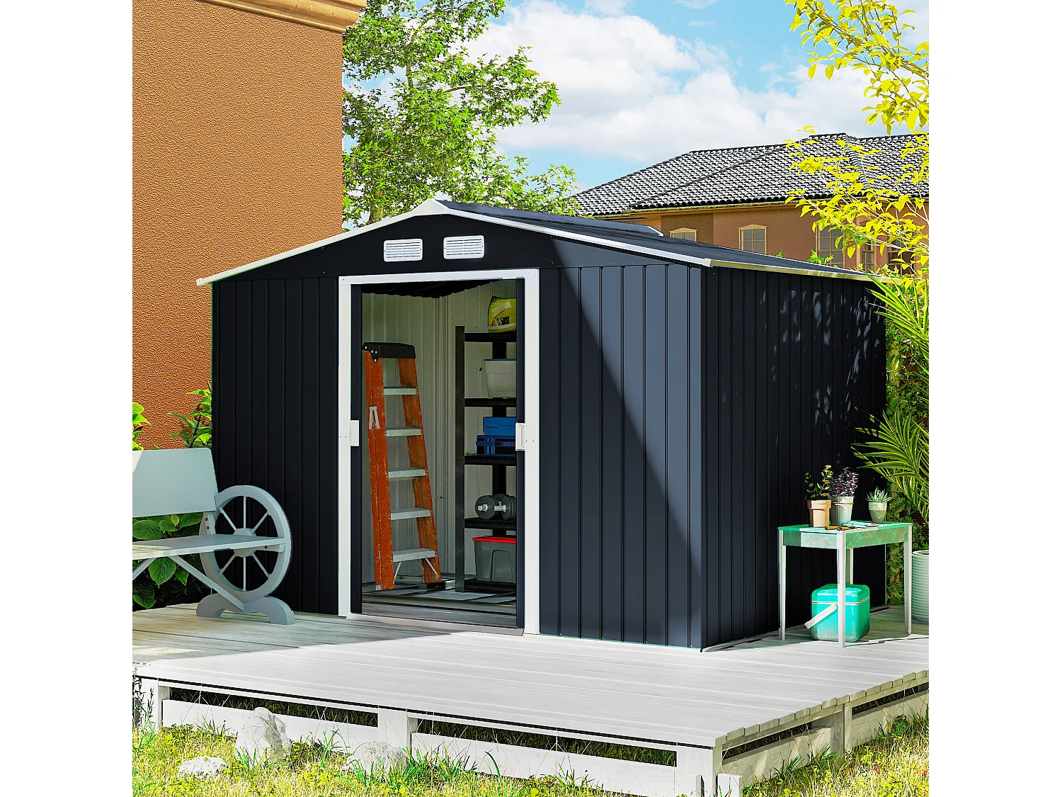 Abri de jardin - remise pour outils - cabanon double porte coulissante - fondation incluse - dim. 277L x 191l x 192H cm - tôle d'acier ondulée anthracite