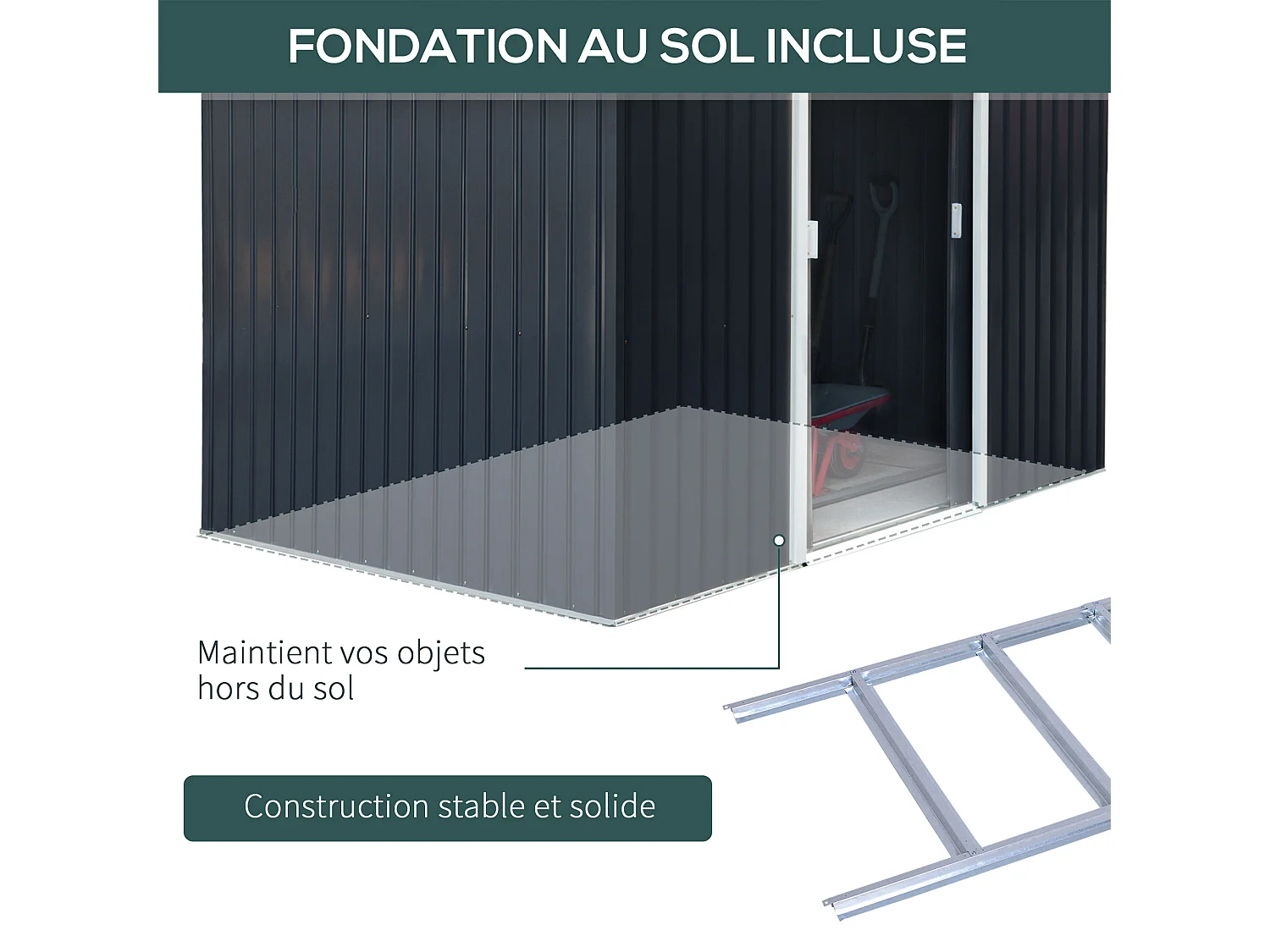 Abri de jardin - remise pour outils - cabanon double porte coulissante - fondation incluse - dim. 277L x 191l x 192H cm - tôle d'acier ondulée anthracite