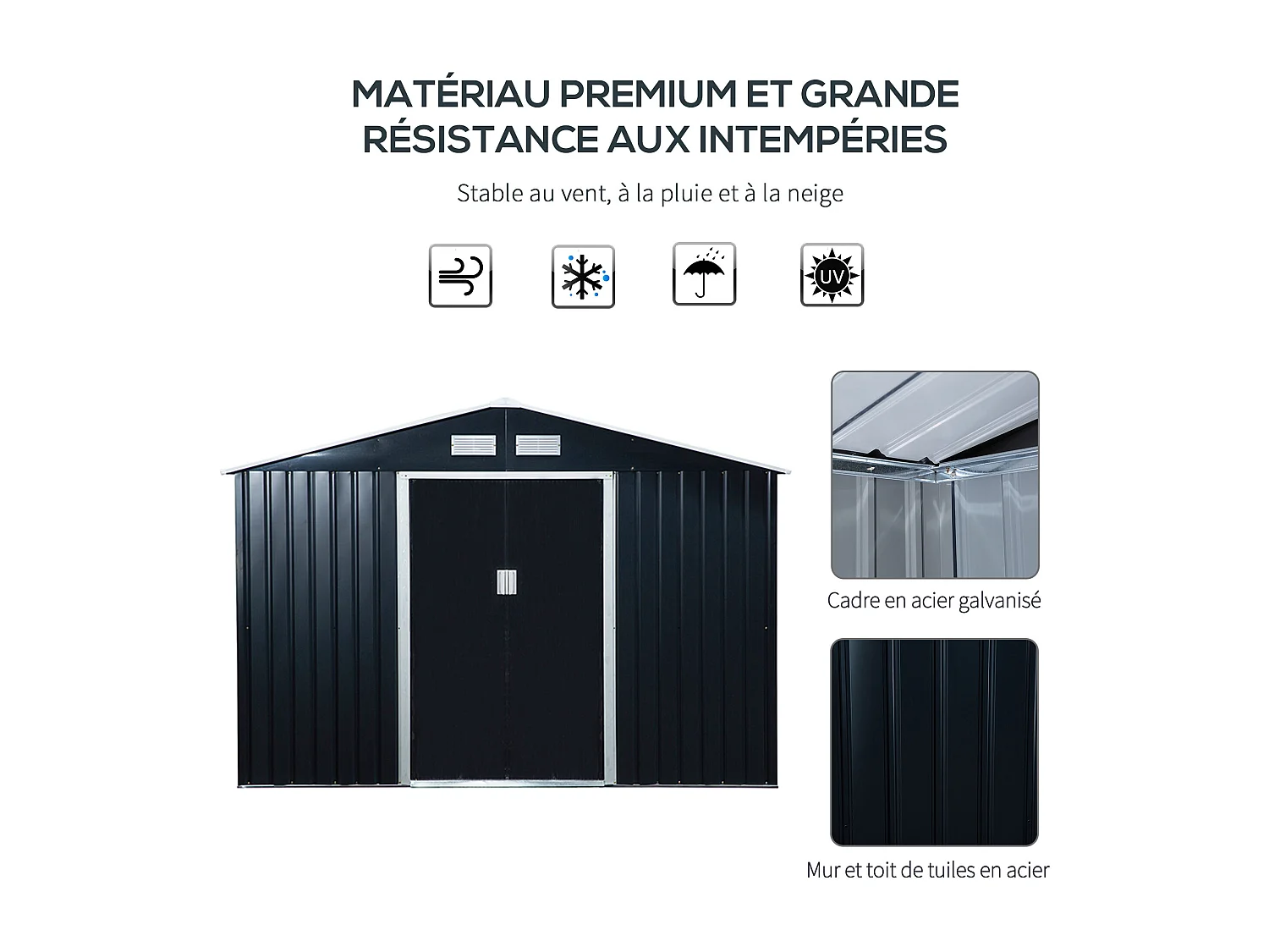 Abri de jardin - remise pour outils - cabanon double porte coulissante - fondation incluse - dim. 277L x 191l x 192H cm - tôle d'acier ondulée anthracite
