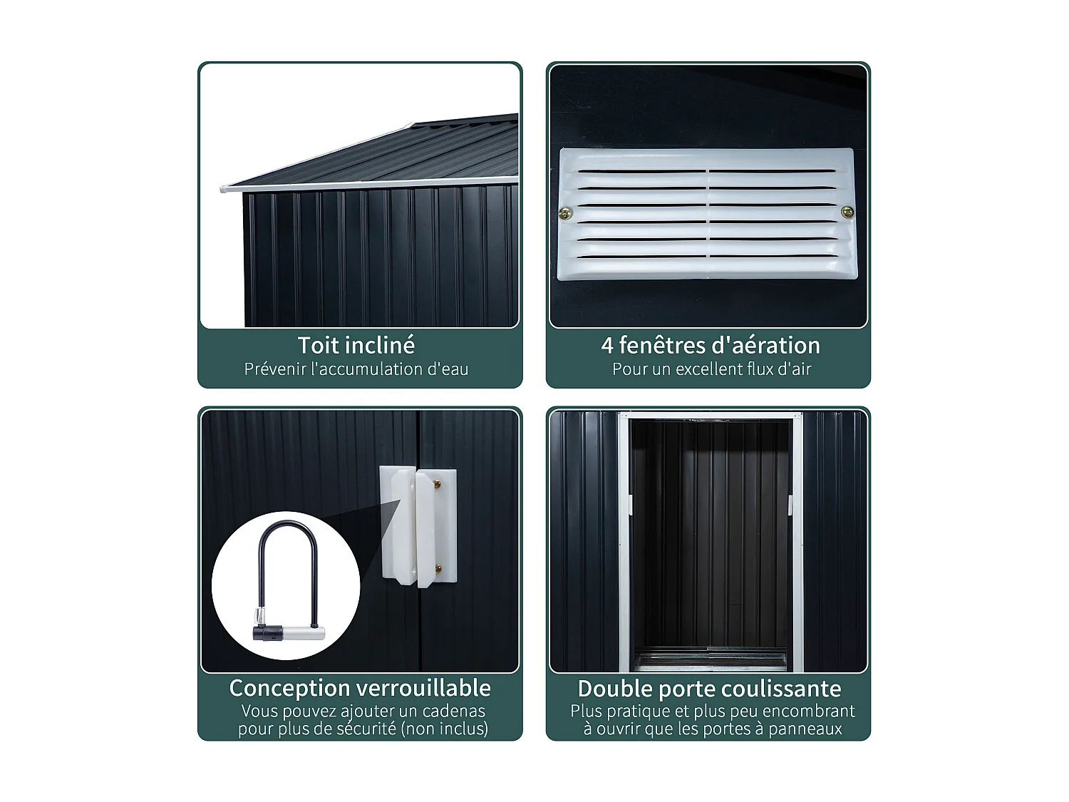 Abri de jardin - remise pour outils - cabanon double porte coulissante - fondation incluse - dim. 277L x 191l x 192H cm - tôle d'acier ondulée anthracite