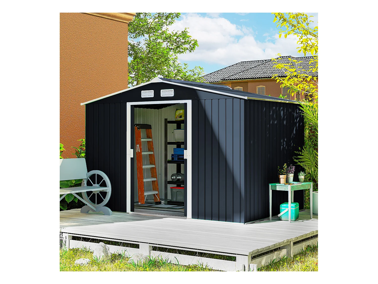 Abri de jardin - remise pour outils - cabanon double porte coulissante - fondation incluse - dim. 277L x 191l x 192H cm - tôle d'acier ondulée anthracite