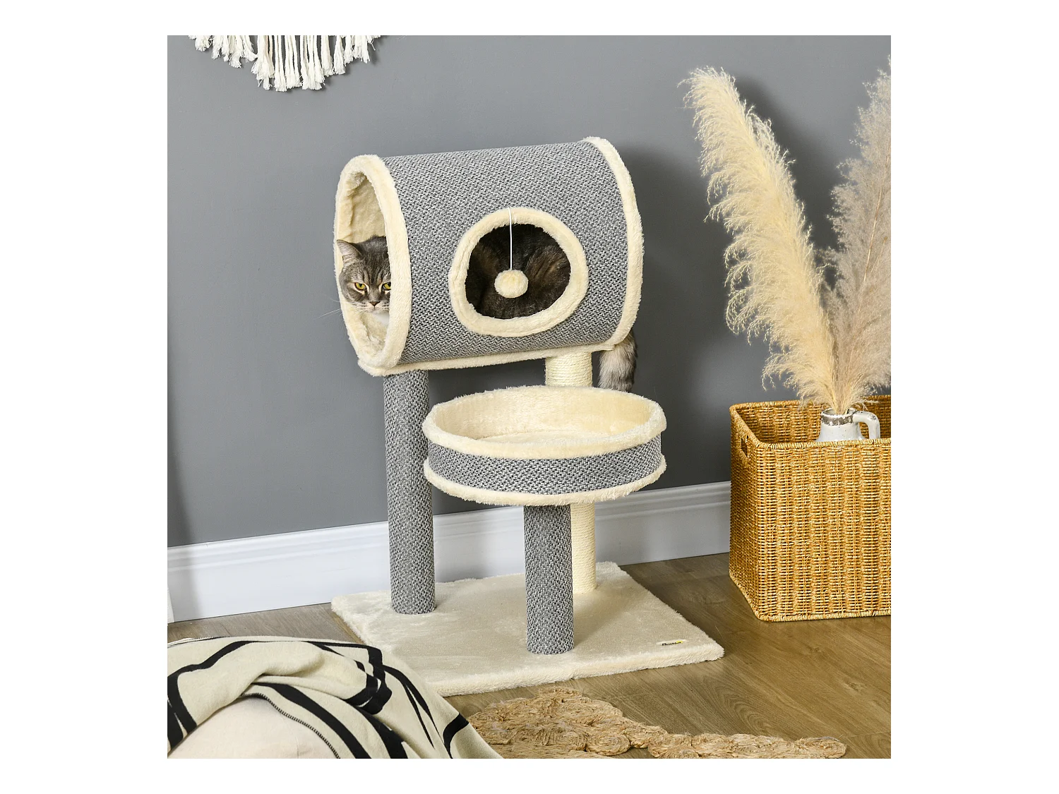 Arbre à chat style cosy chic griffoir sisal naturel plateforme tunnel jeu boule peluche courte aspect lin tressé gris