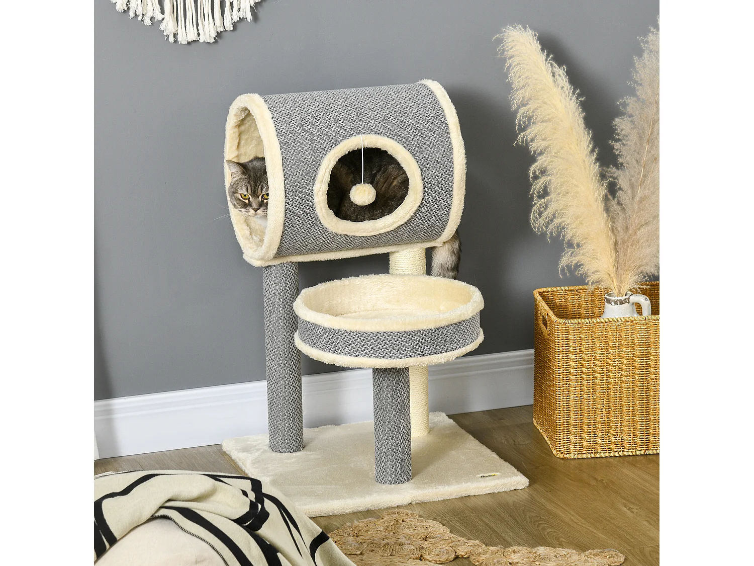 Arbre à chat style cosy chic griffoir sisal naturel plateforme tunnel jeu boule peluche courte aspect lin tressé gris