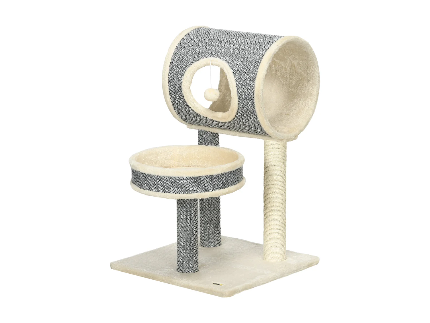 Arbre à chat style cosy chic griffoir sisal naturel plateforme tunnel jeu boule peluche courte aspect lin tressé gris