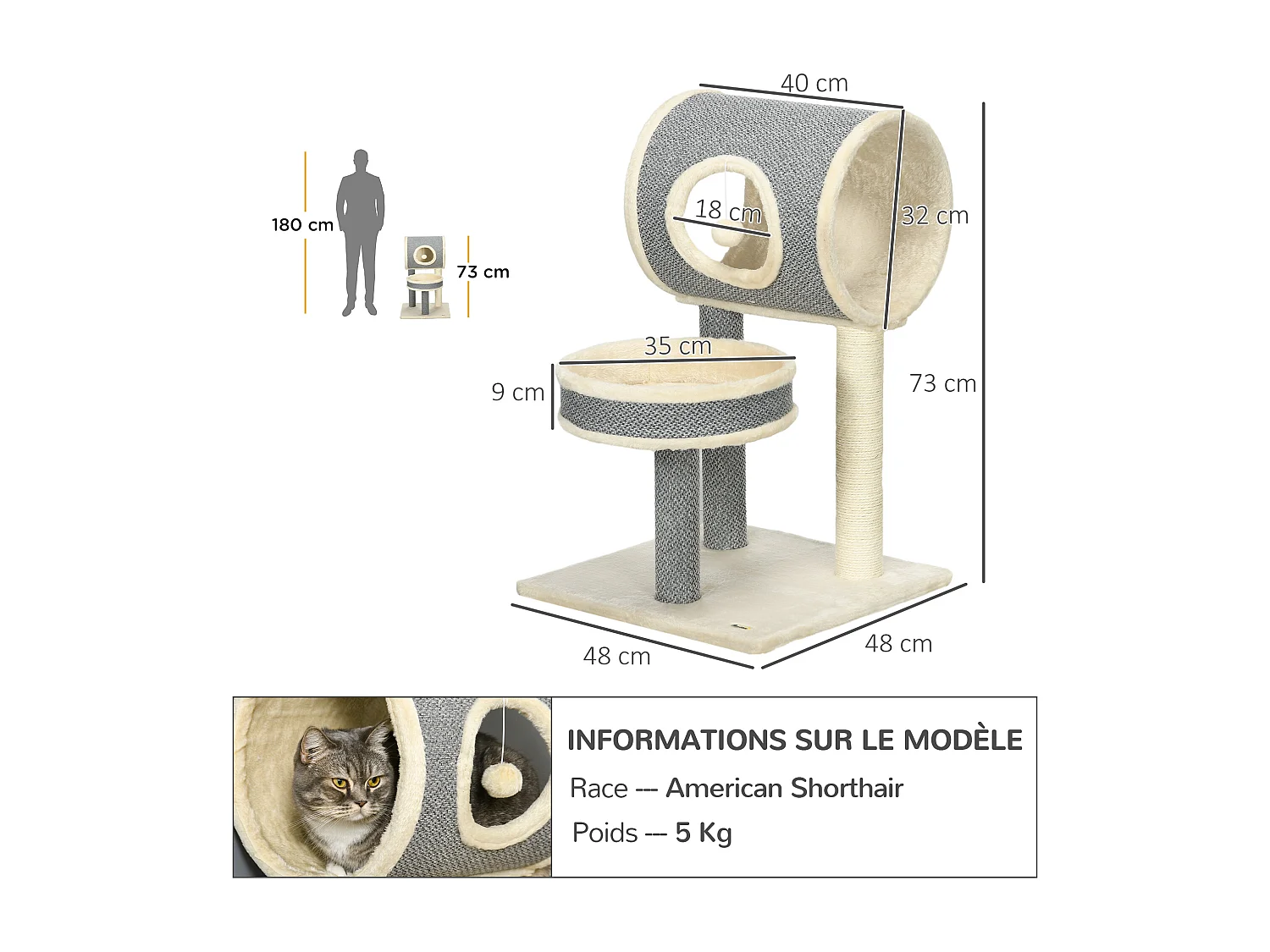 Arbre à chat style cosy chic griffoir sisal naturel plateforme tunnel jeu boule peluche courte aspect lin tressé gris