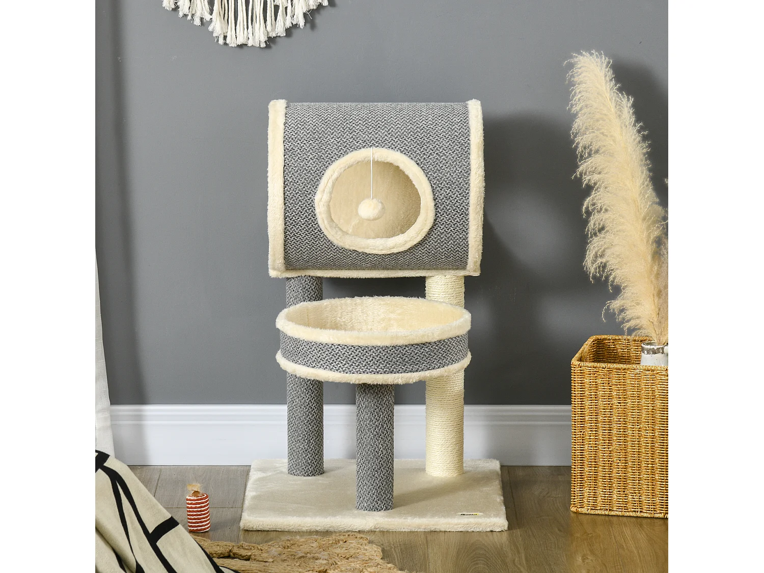 Arbre à chat style cosy chic griffoir sisal naturel plateforme tunnel jeu boule peluche courte aspect lin tressé gris