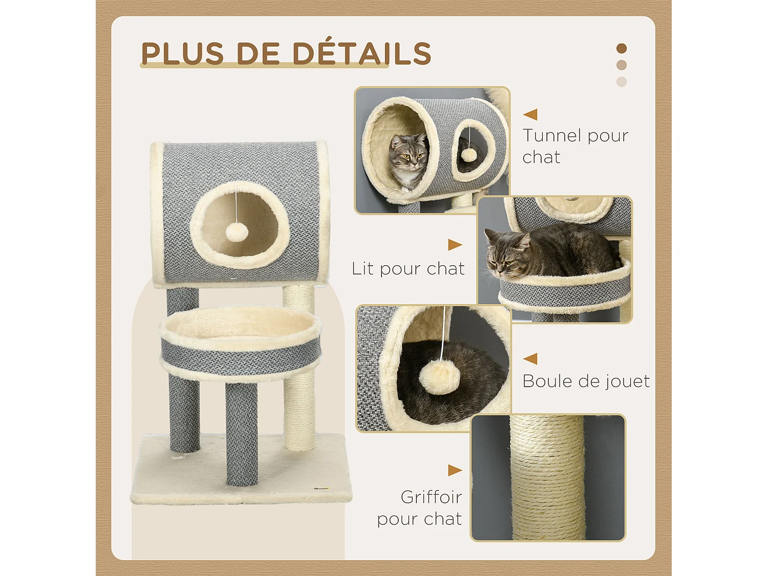 Arbre à chat style cosy chic griffoir sisal naturel plateforme tunnel jeu boule peluche courte aspect lin tressé gris
