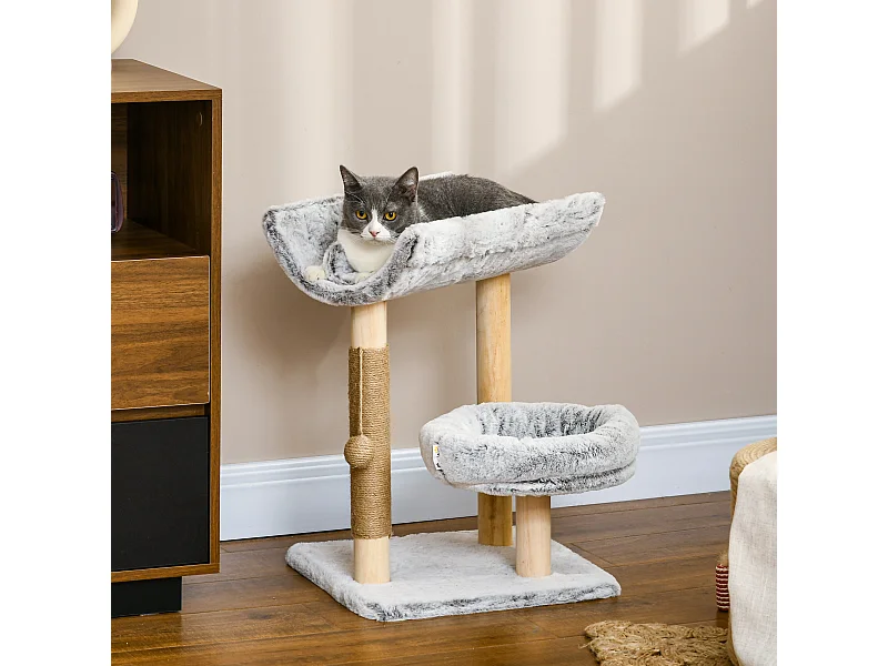 Arbre à chat griffoir chanvre naturel panier plateforme d'observation jeu boule suspendue bois panneaux peluche gris