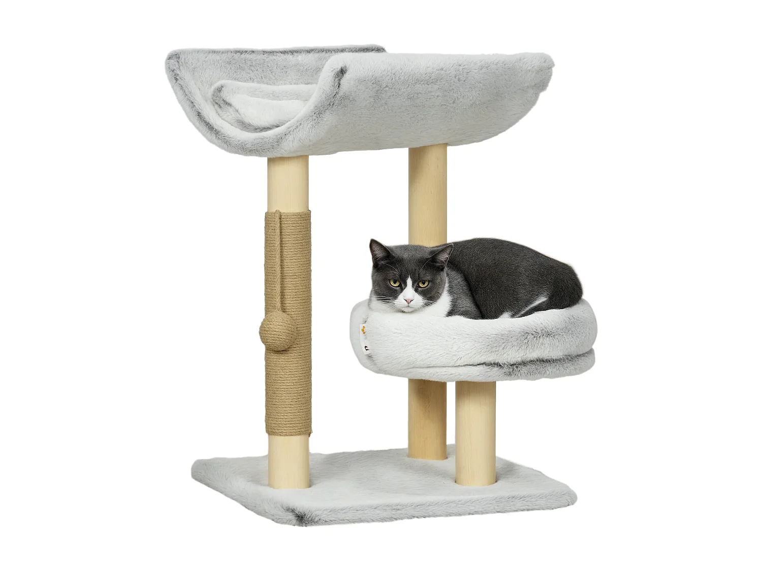 Arbre à chat griffoir chanvre naturel panier plateforme d'observation jeu boule suspendue bois panneaux peluche gris