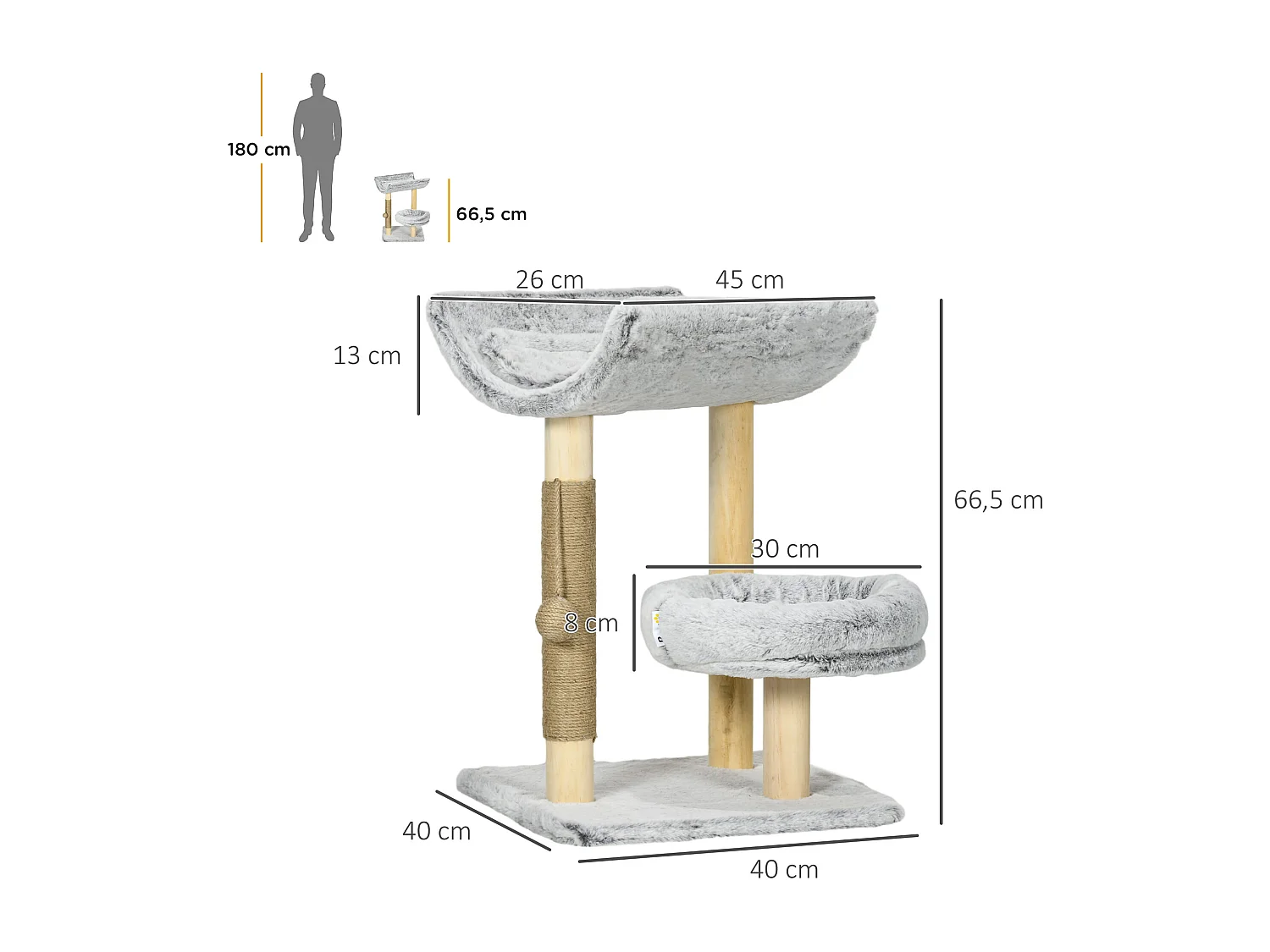 Arbre à chat griffoir chanvre naturel panier plateforme d'observation jeu boule suspendue bois panneaux peluche gris