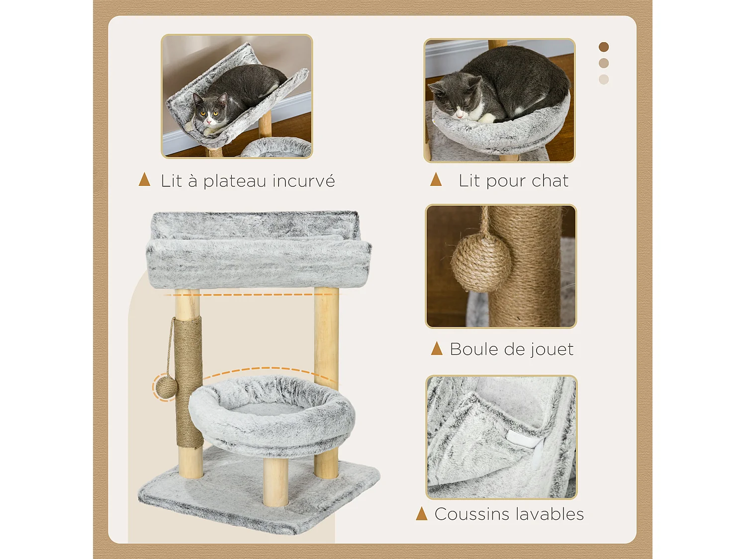 Arbre à chat griffoir chanvre naturel panier plateforme d'observation jeu boule suspendue bois panneaux peluche gris