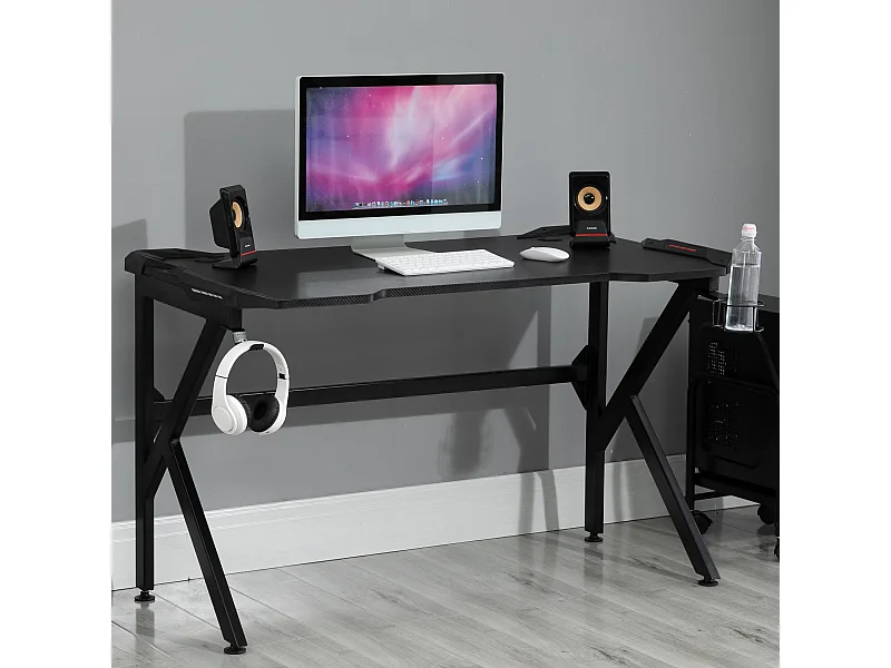 Bureau gaming bureau gamer bureau informatique support casque porte-gobelet passe-câbles inclus métal MDF texture fibre carbone noir