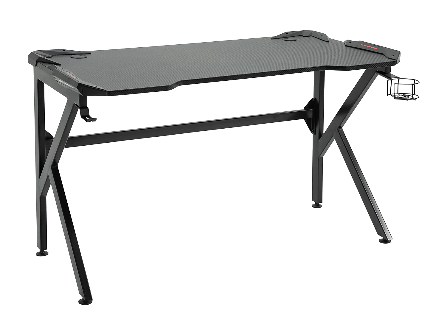 Bureau gaming bureau gamer bureau informatique support casque porte-gobelet passe-câbles inclus métal MDF texture fibre carbone noir