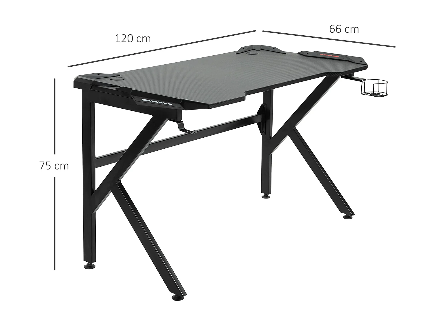 Bureau gaming bureau gamer bureau informatique support casque porte-gobelet passe-câbles inclus métal MDF texture fibre carbone noir