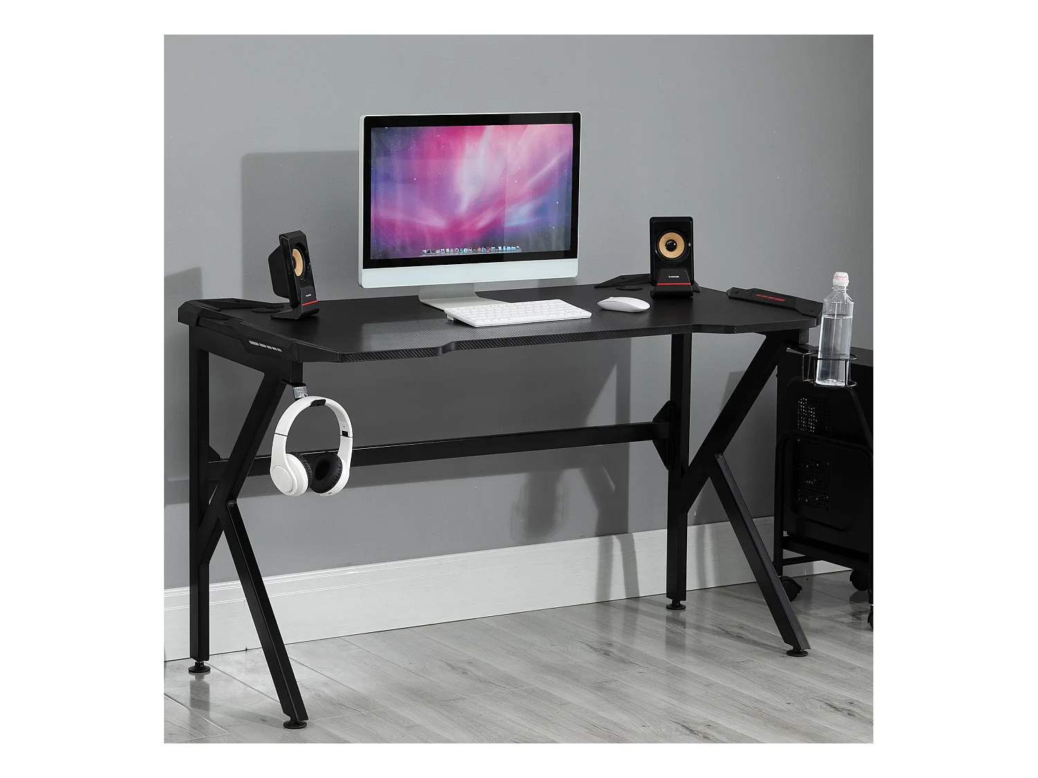 Bureau gaming bureau gamer bureau informatique support casque porte-gobelet passe-câbles inclus métal MDF texture fibre carbone noir